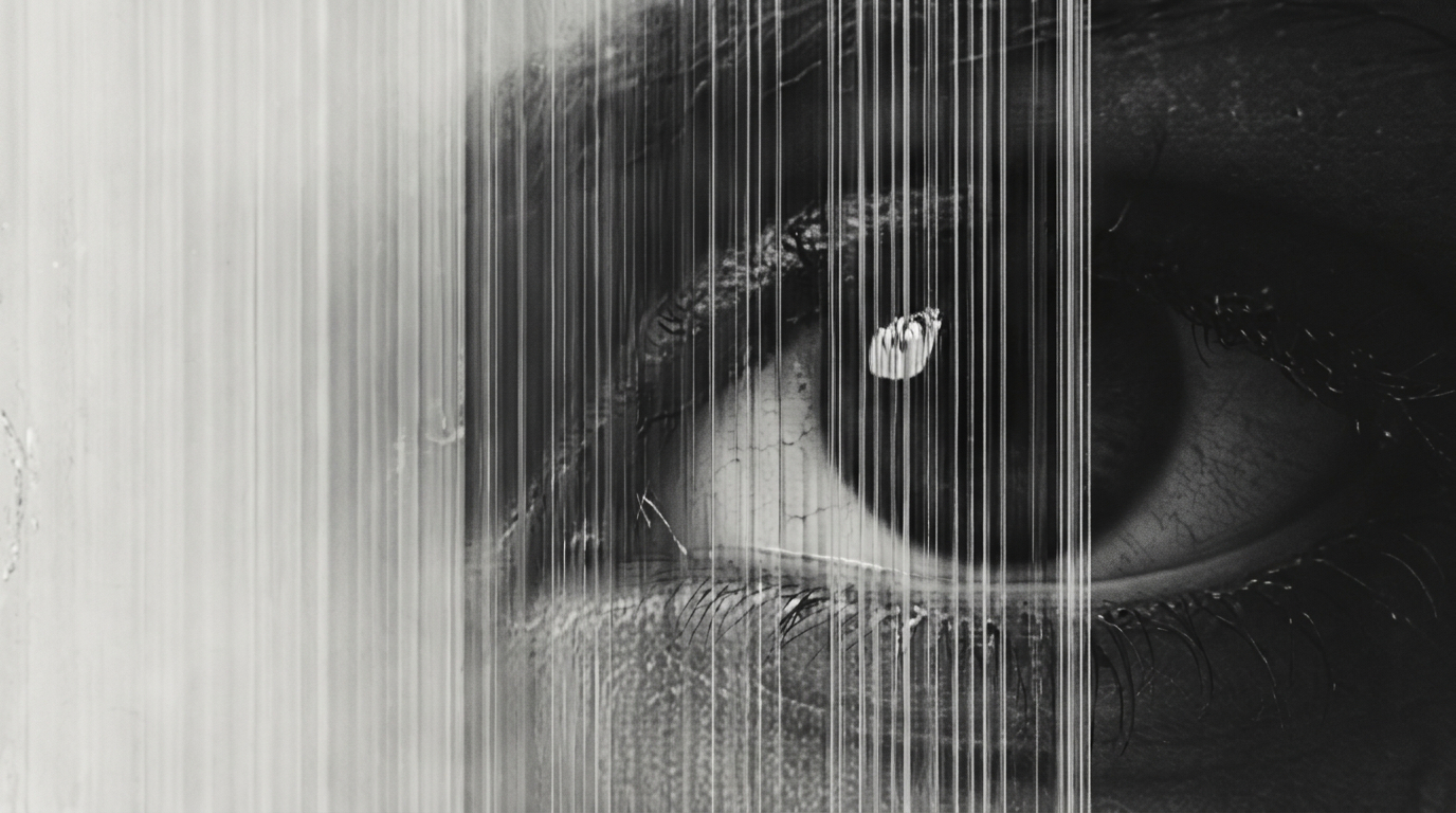 An eye refracted through vertical glass